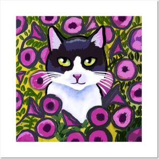 Cat in a flower field Posters and Art